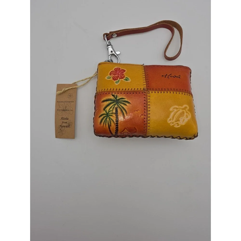 Hawaii Genuine Leather Patchwork Coin Purse Wallet w/Wrist Strap~Tropical Floral